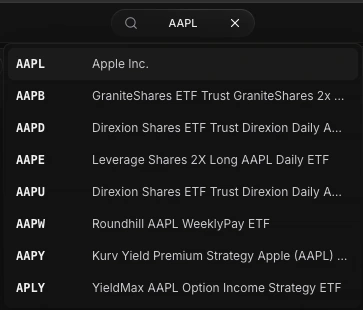 Shared ticker search displaying Apple and matching ticker results